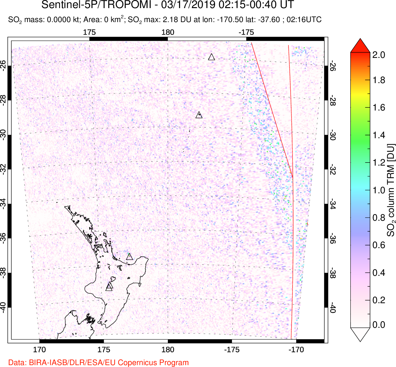 A sulfur dioxide image over New Zealand on Mar 17, 2019.