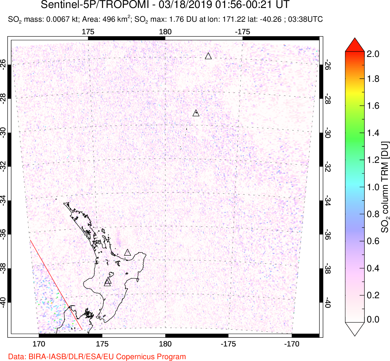 A sulfur dioxide image over New Zealand on Mar 18, 2019.