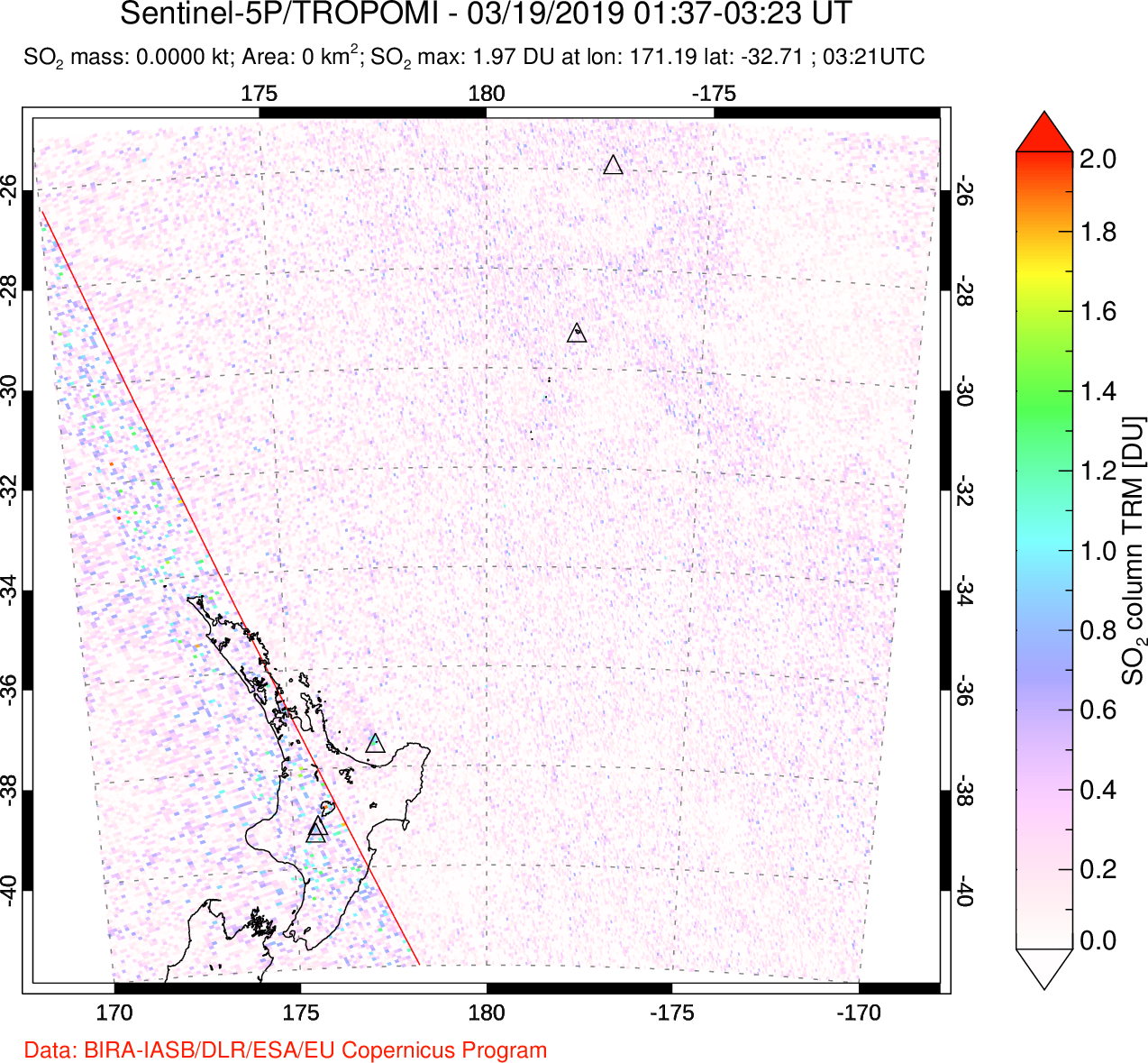 A sulfur dioxide image over New Zealand on Mar 19, 2019.