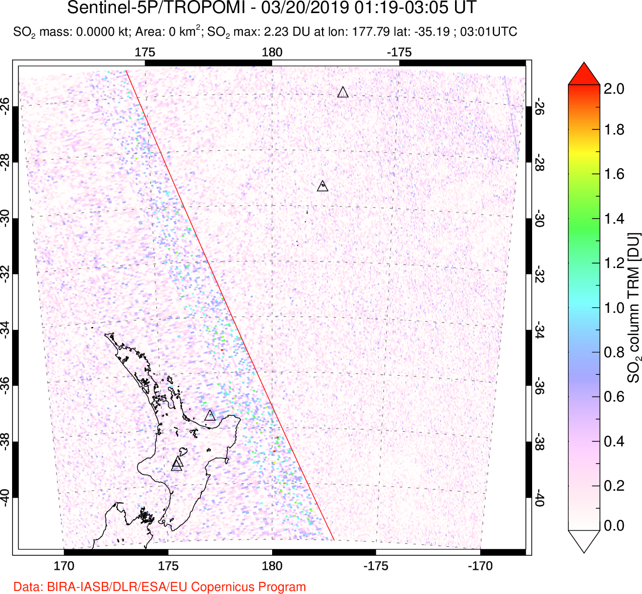 A sulfur dioxide image over New Zealand on Mar 20, 2019.