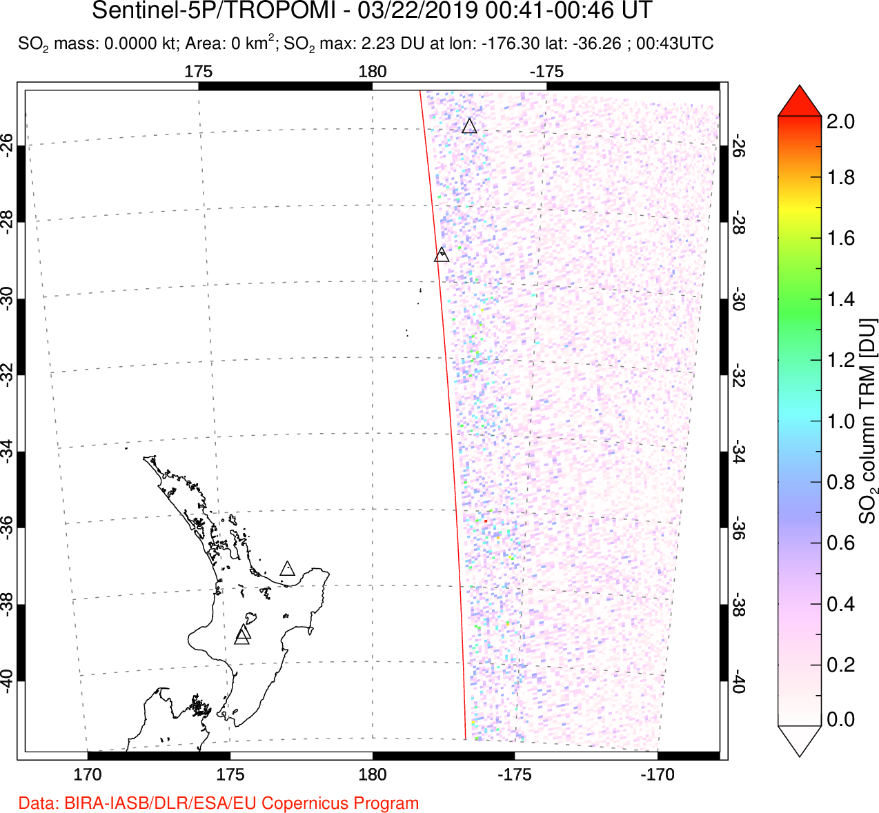 A sulfur dioxide image over New Zealand on Mar 22, 2019.