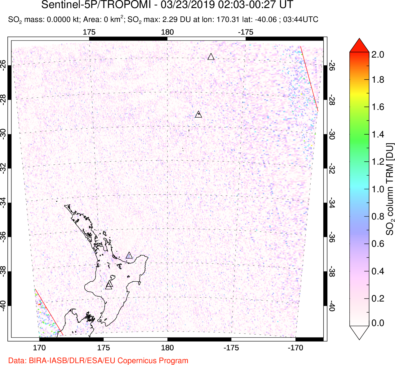 A sulfur dioxide image over New Zealand on Mar 23, 2019.