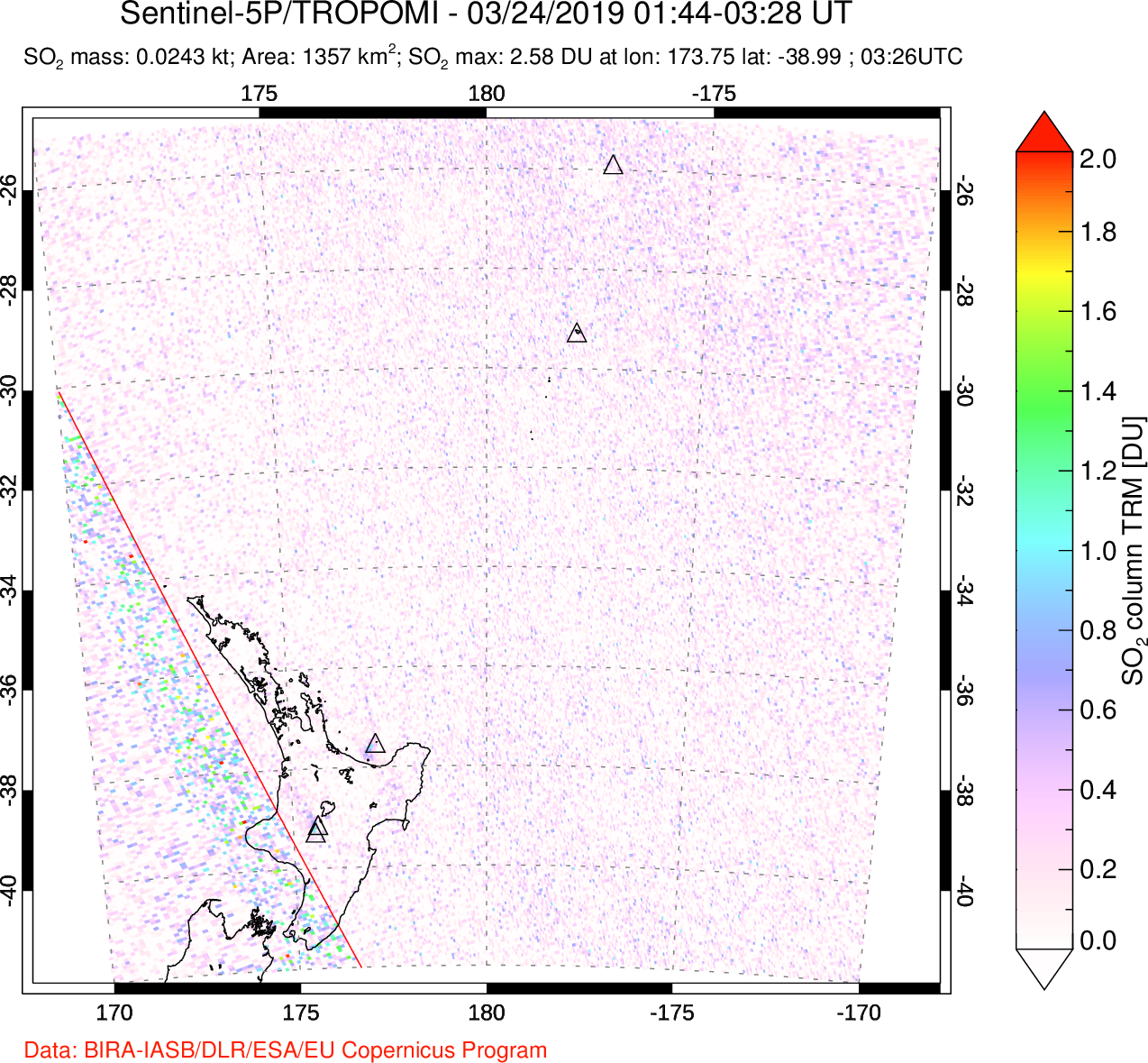 A sulfur dioxide image over New Zealand on Mar 24, 2019.