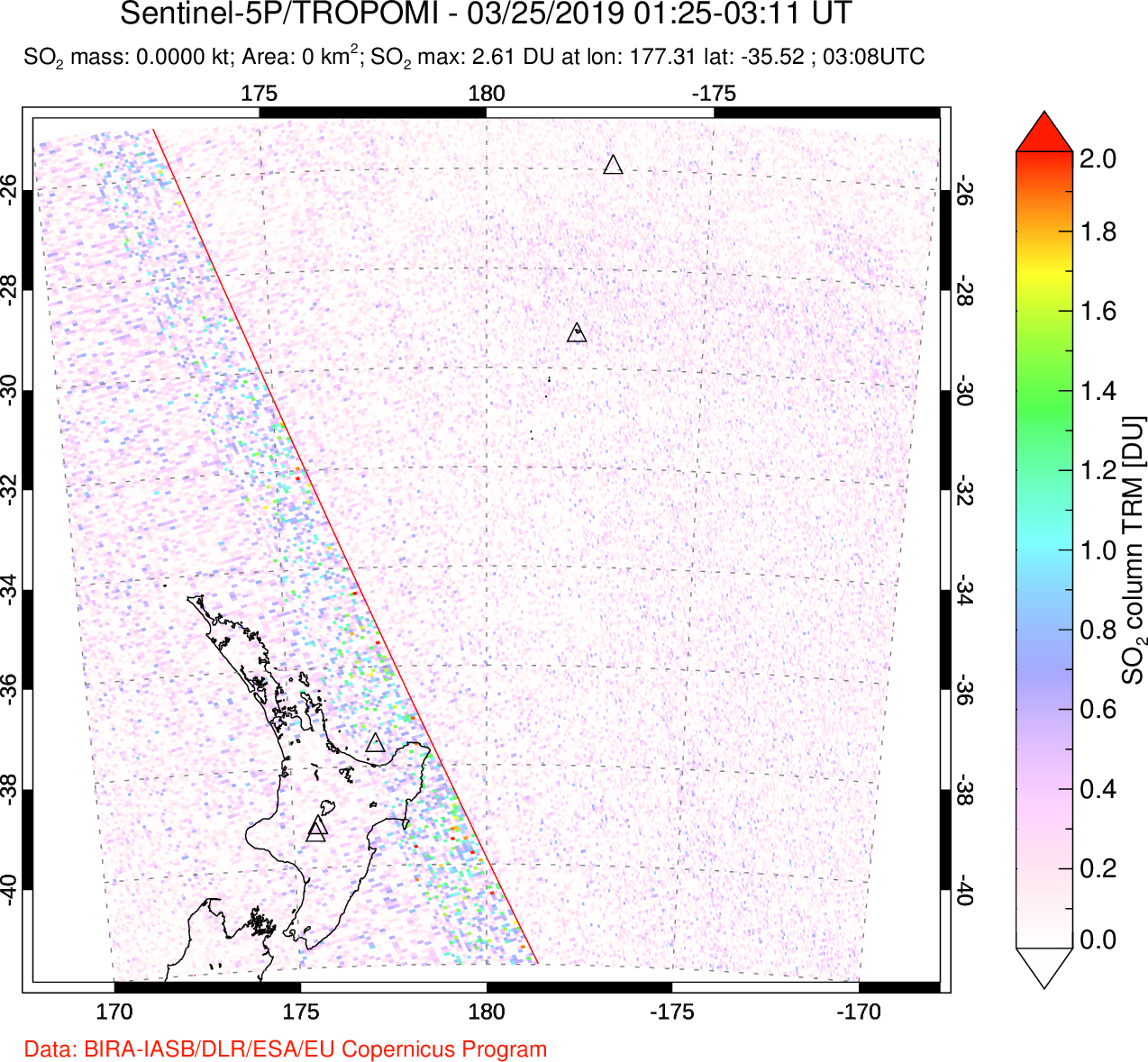 A sulfur dioxide image over New Zealand on Mar 25, 2019.
