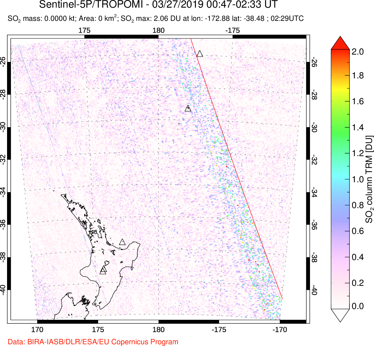 A sulfur dioxide image over New Zealand on Mar 27, 2019.