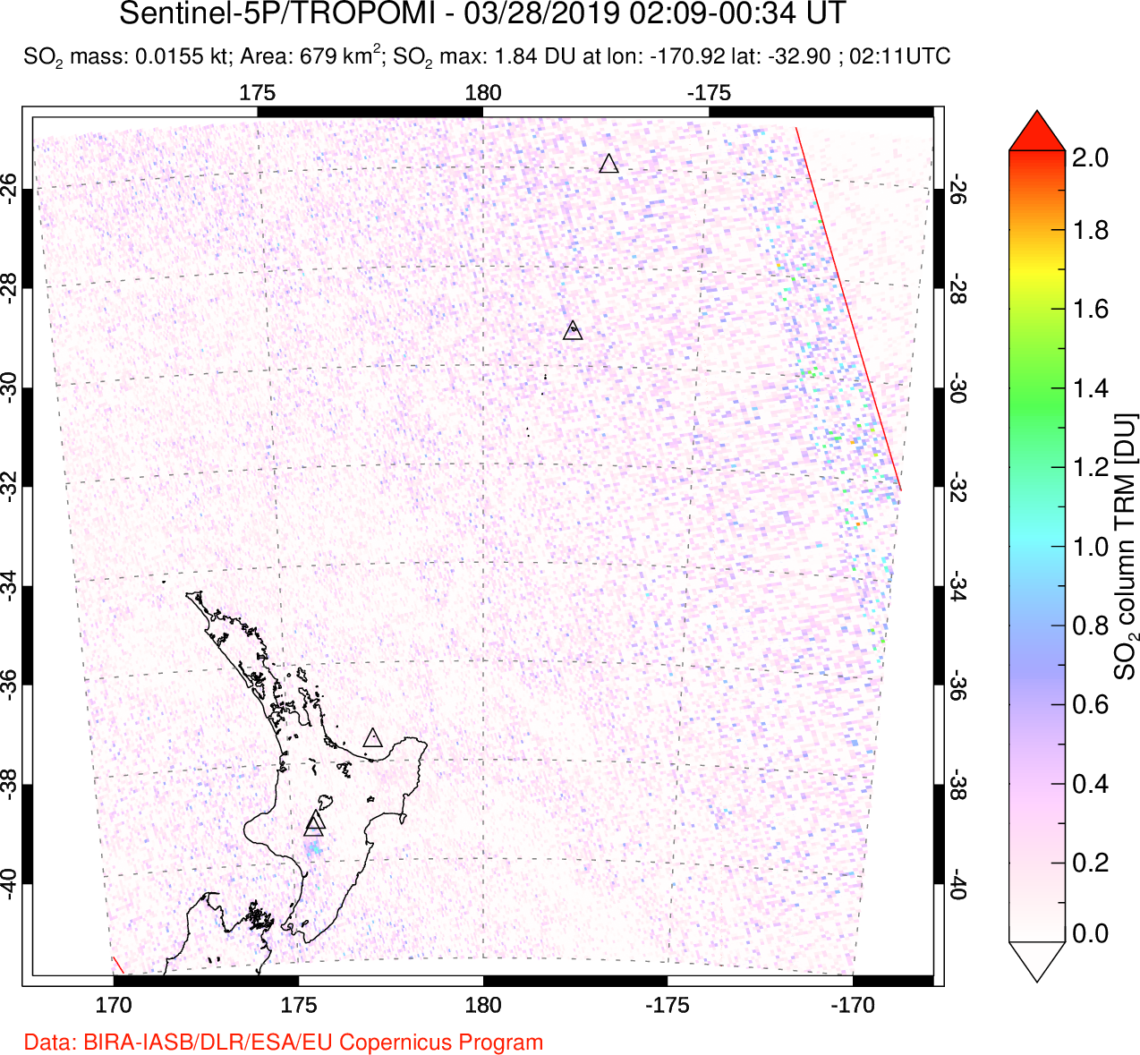 A sulfur dioxide image over New Zealand on Mar 28, 2019.