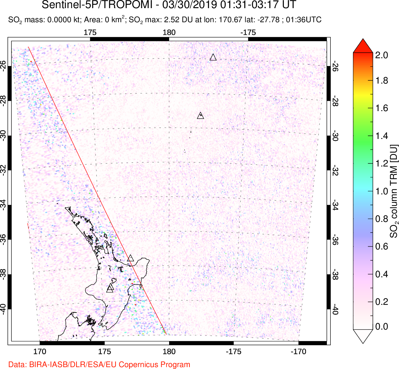A sulfur dioxide image over New Zealand on Mar 30, 2019.