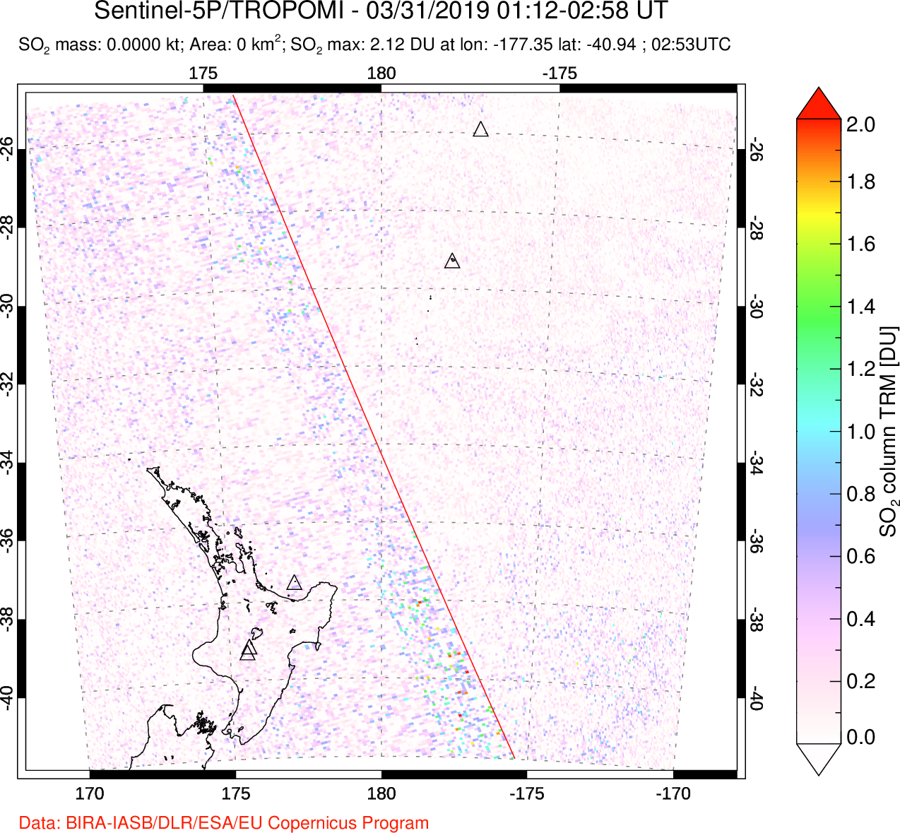 A sulfur dioxide image over New Zealand on Mar 31, 2019.