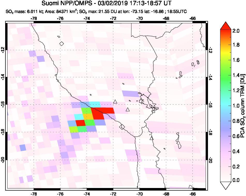 A sulfur dioxide image over Peru on Mar 02, 2019.