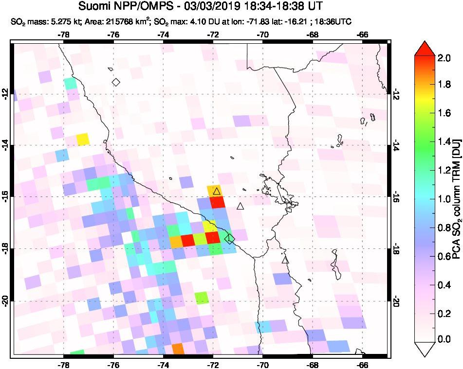 A sulfur dioxide image over Peru on Mar 03, 2019.