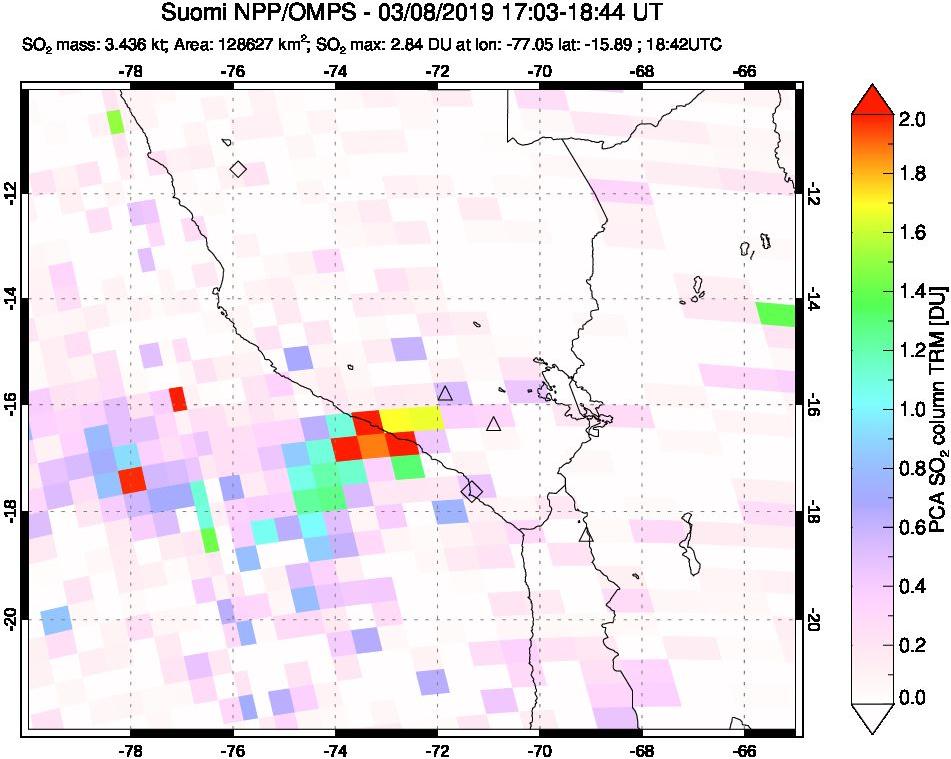 A sulfur dioxide image over Peru on Mar 08, 2019.