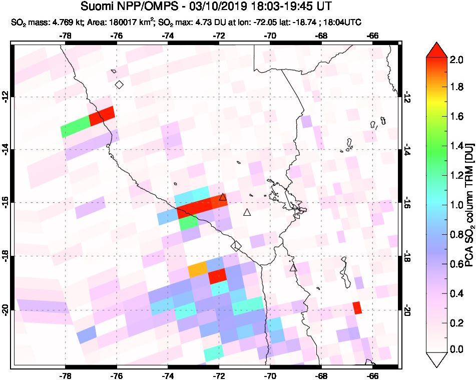 A sulfur dioxide image over Peru on Mar 10, 2019.