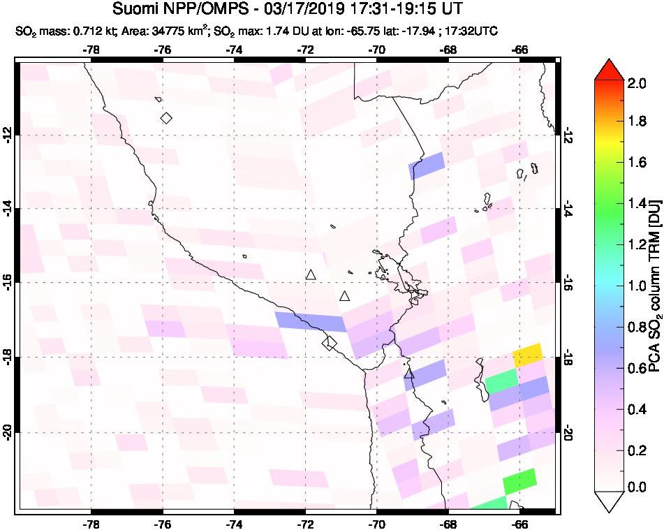 A sulfur dioxide image over Peru on Mar 17, 2019.