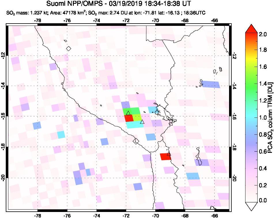 A sulfur dioxide image over Peru on Mar 19, 2019.