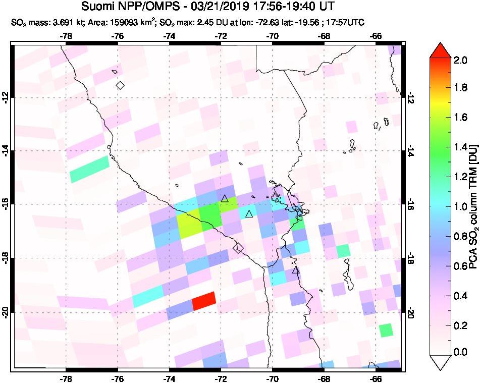 A sulfur dioxide image over Peru on Mar 21, 2019.
