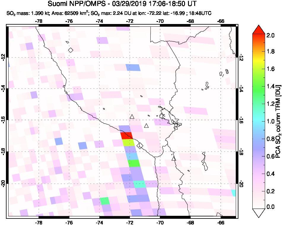 A sulfur dioxide image over Peru on Mar 29, 2019.