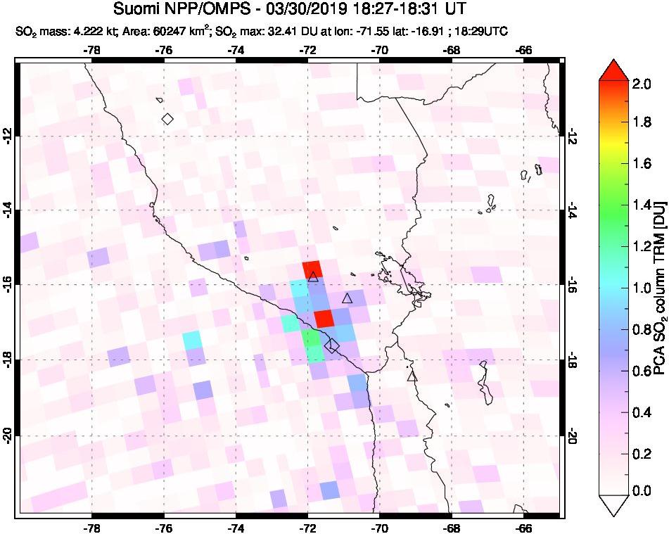 A sulfur dioxide image over Peru on Mar 30, 2019.