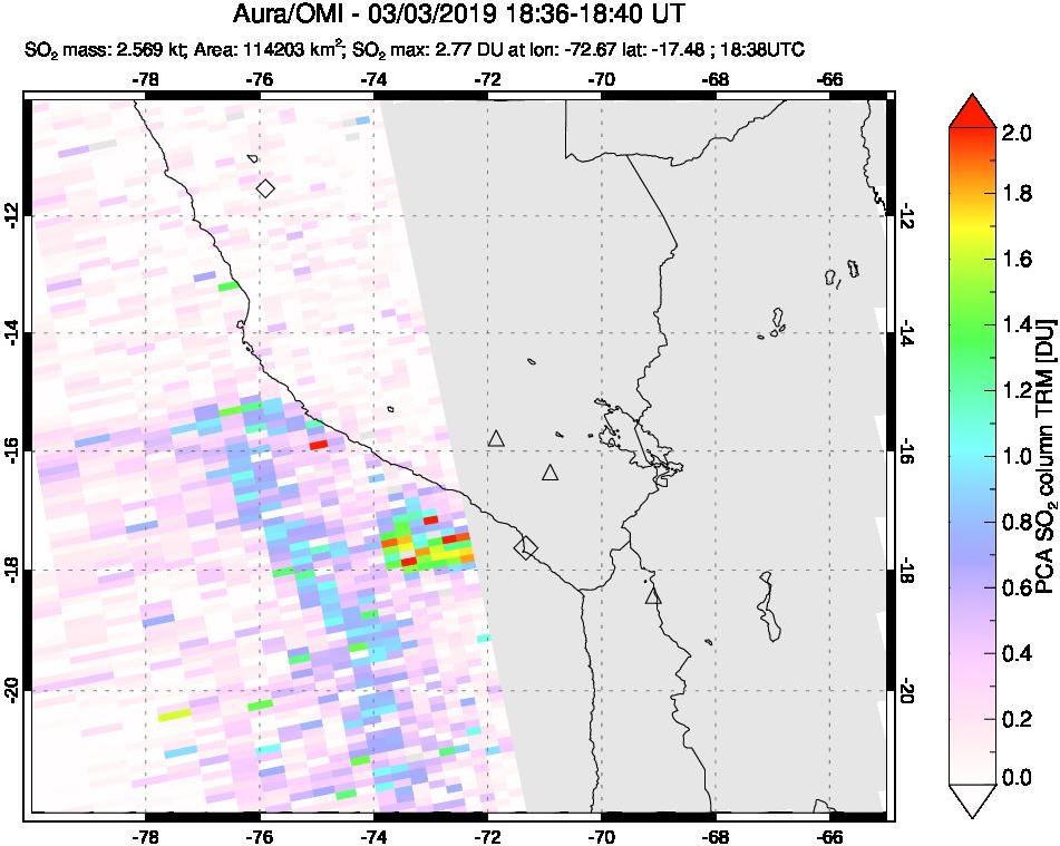 A sulfur dioxide image over Peru on Mar 03, 2019.