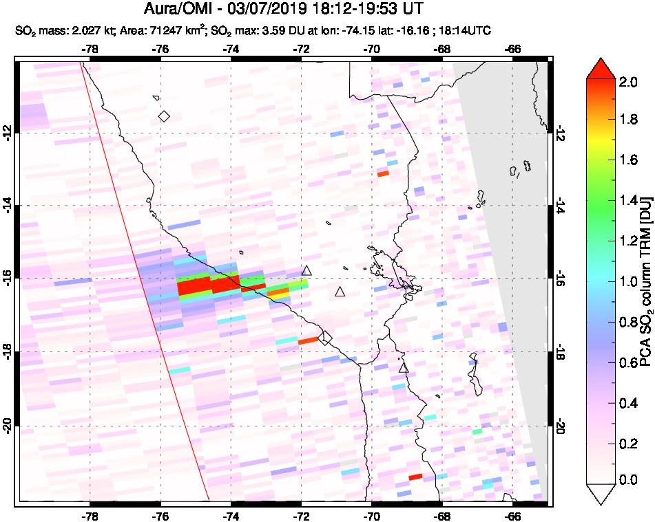 A sulfur dioxide image over Peru on Mar 07, 2019.