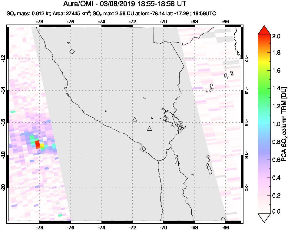 A sulfur dioxide image over Peru on Mar 08, 2019.
