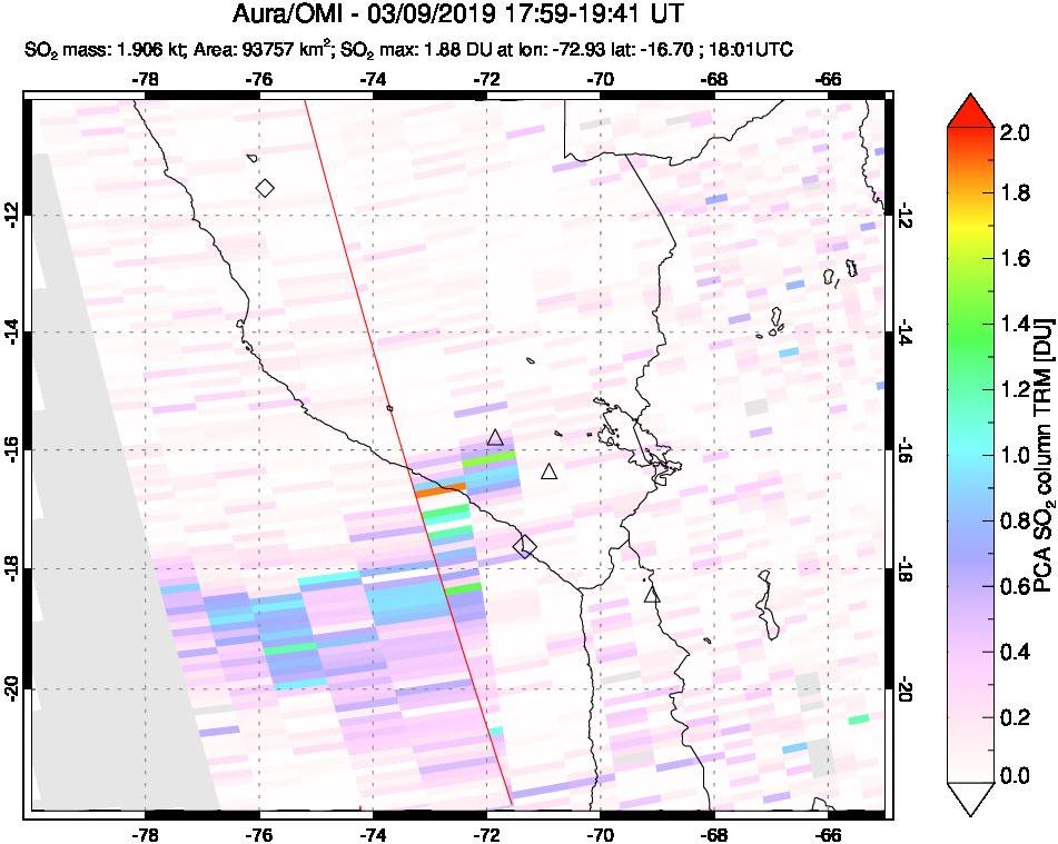 A sulfur dioxide image over Peru on Mar 09, 2019.