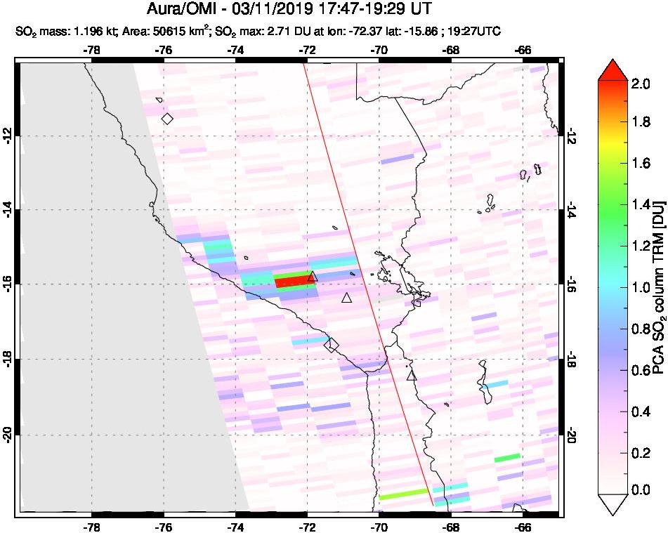 A sulfur dioxide image over Peru on Mar 11, 2019.
