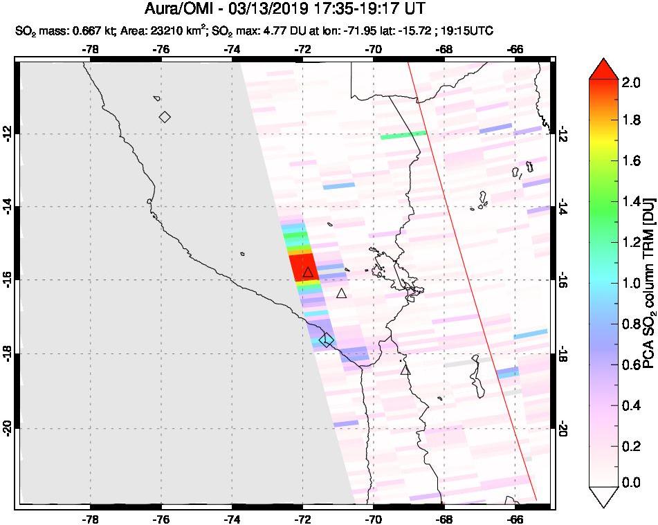 A sulfur dioxide image over Peru on Mar 13, 2019.