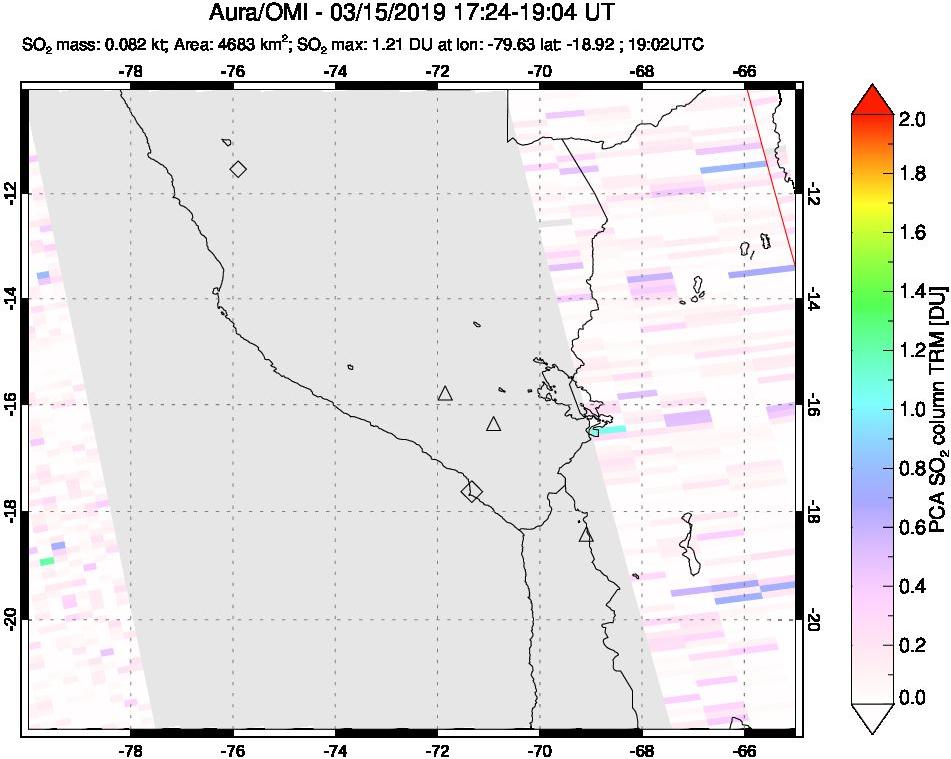 A sulfur dioxide image over Peru on Mar 15, 2019.