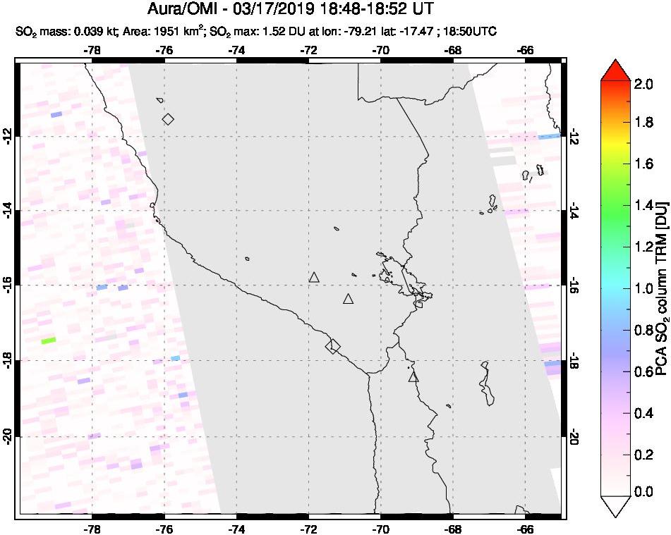 A sulfur dioxide image over Peru on Mar 17, 2019.