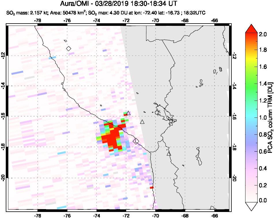 A sulfur dioxide image over Peru on Mar 28, 2019.