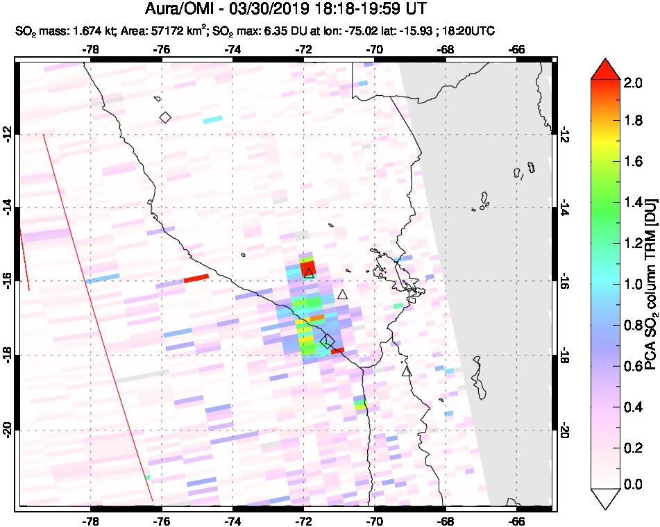 A sulfur dioxide image over Peru on Mar 30, 2019.
