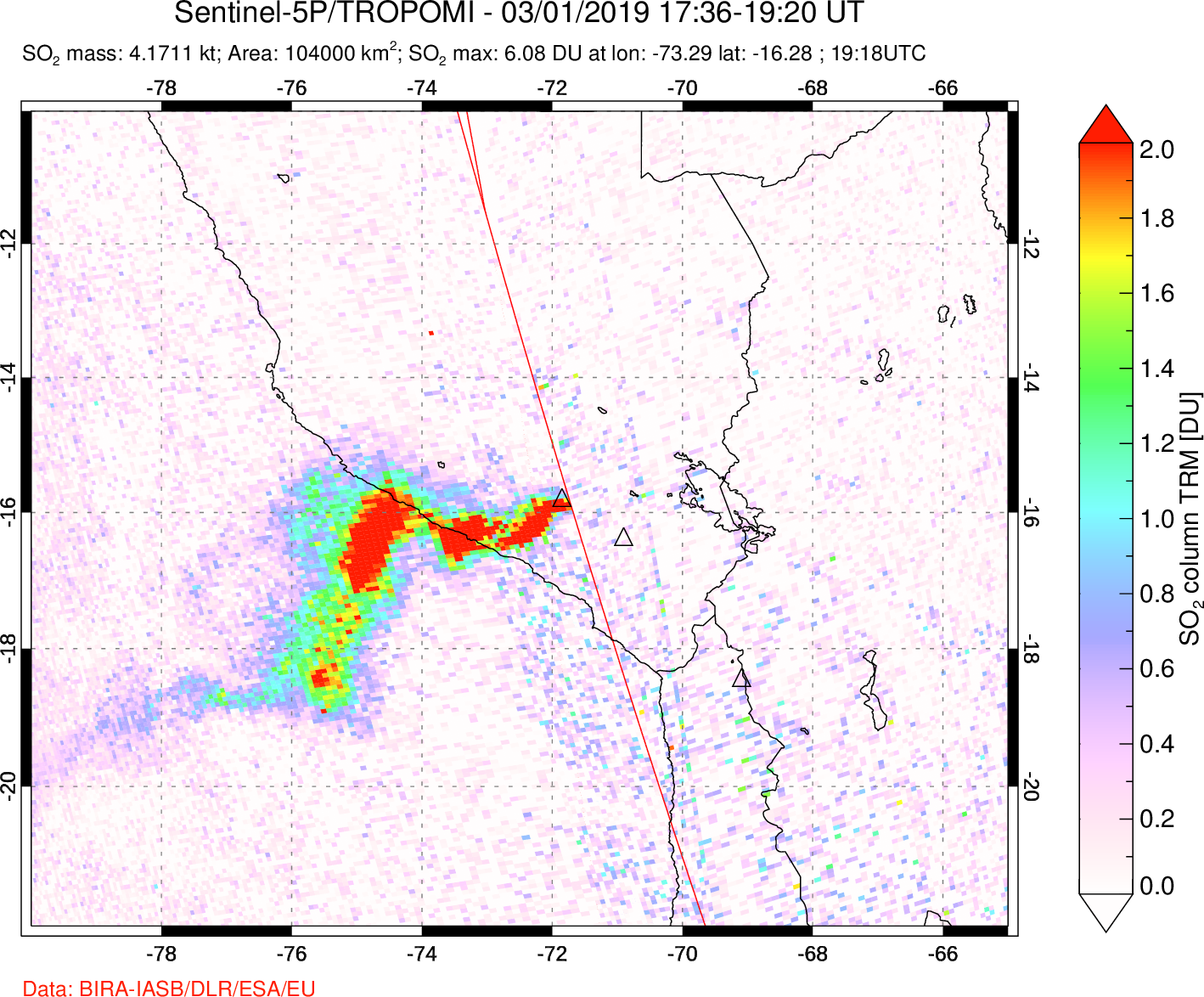 A sulfur dioxide image over Peru on Mar 01, 2019.