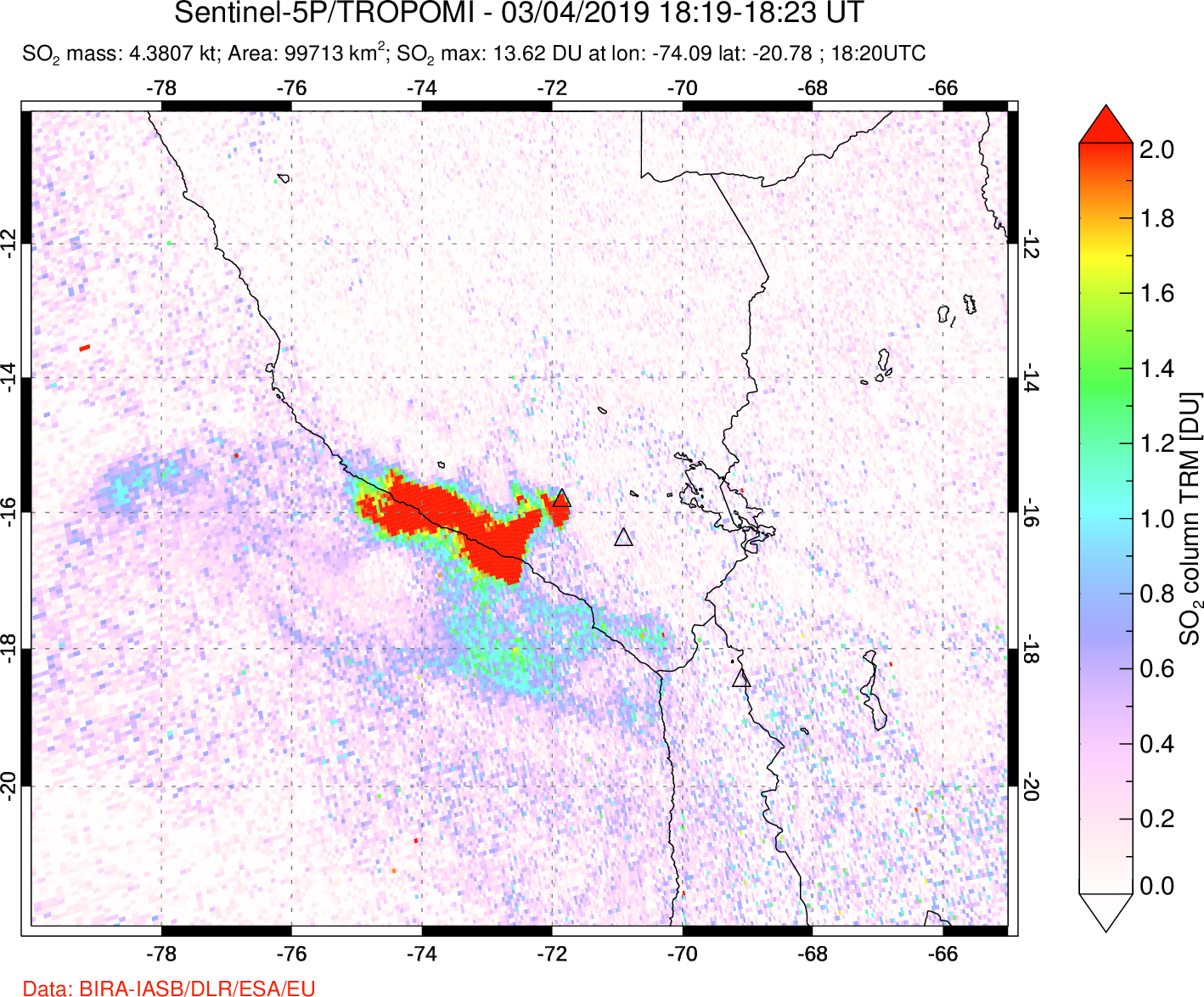 A sulfur dioxide image over Peru on Mar 04, 2019.