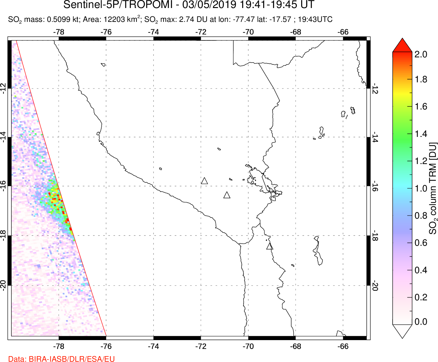 A sulfur dioxide image over Peru on Mar 05, 2019.
