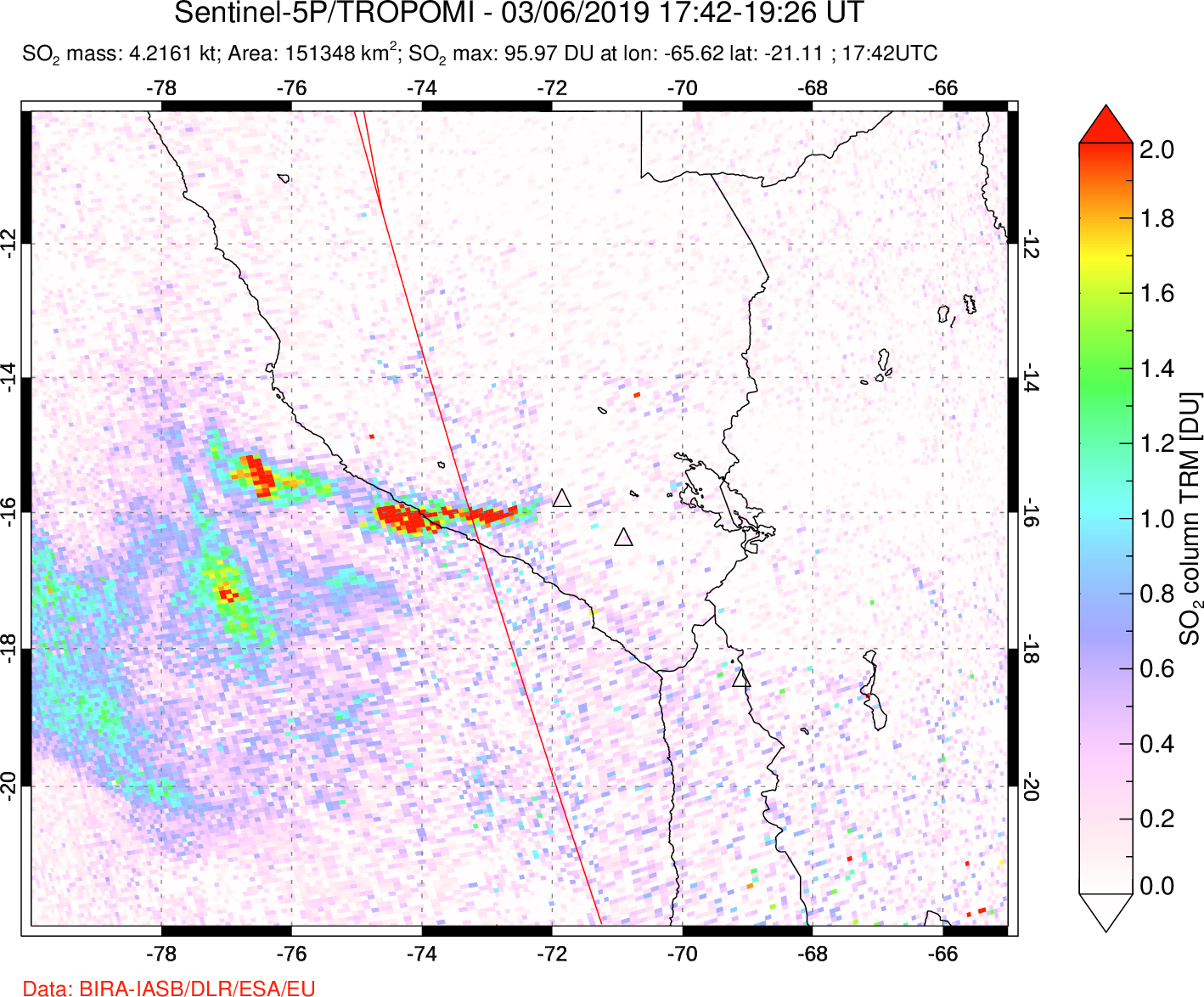 A sulfur dioxide image over Peru on Mar 06, 2019.