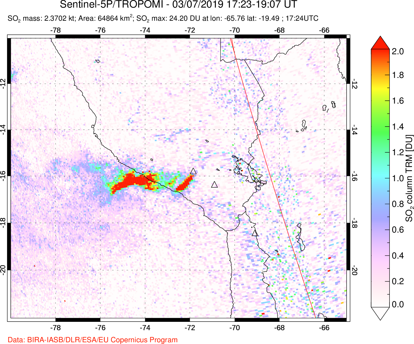 A sulfur dioxide image over Peru on Mar 07, 2019.