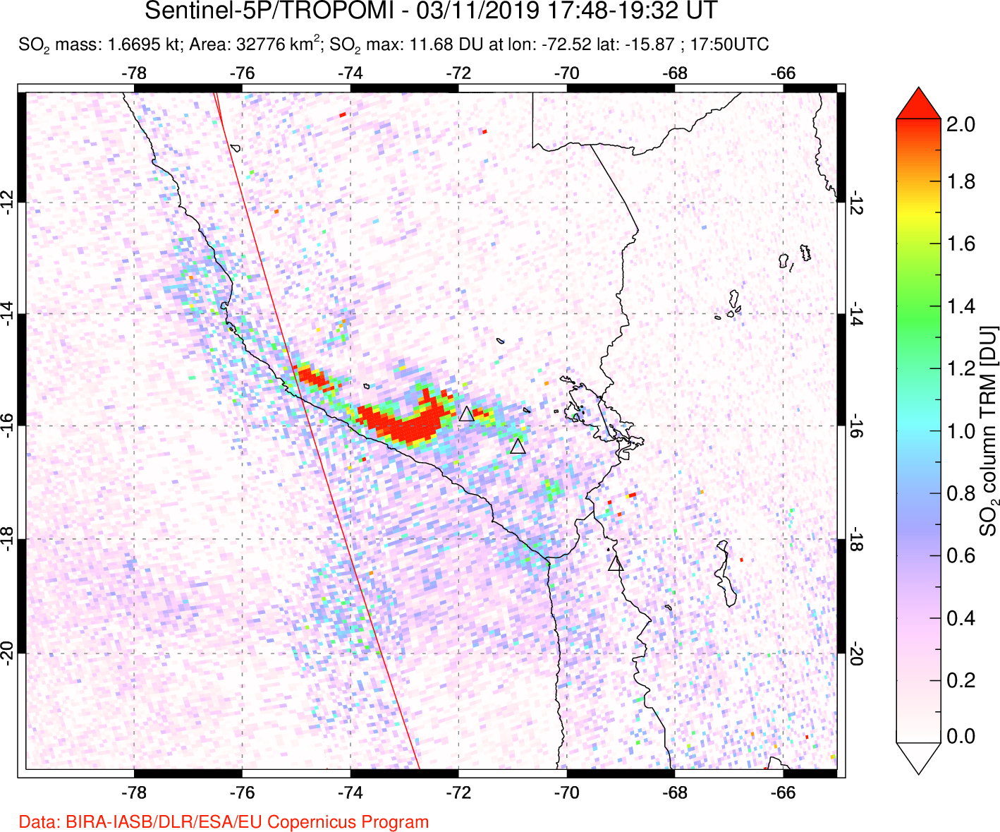 A sulfur dioxide image over Peru on Mar 11, 2019.