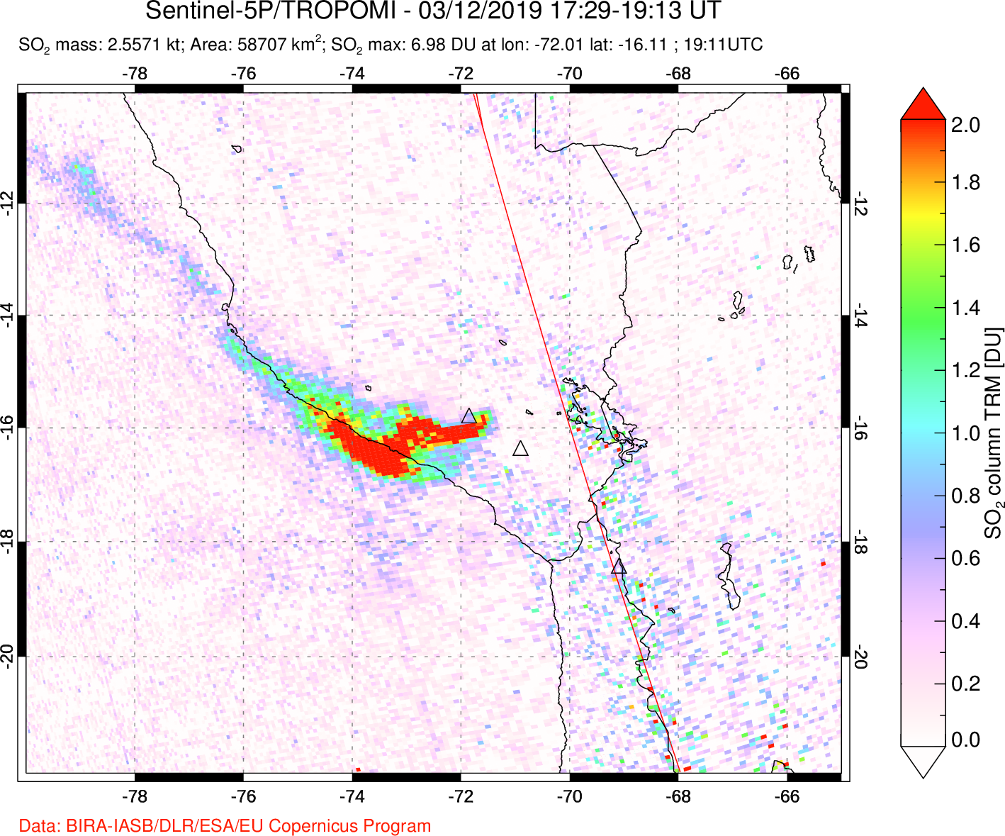 A sulfur dioxide image over Peru on Mar 12, 2019.