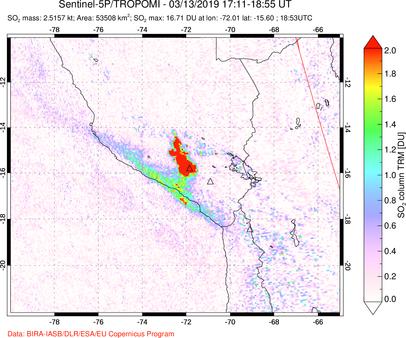 A sulfur dioxide image over Peru on Mar 13, 2019.