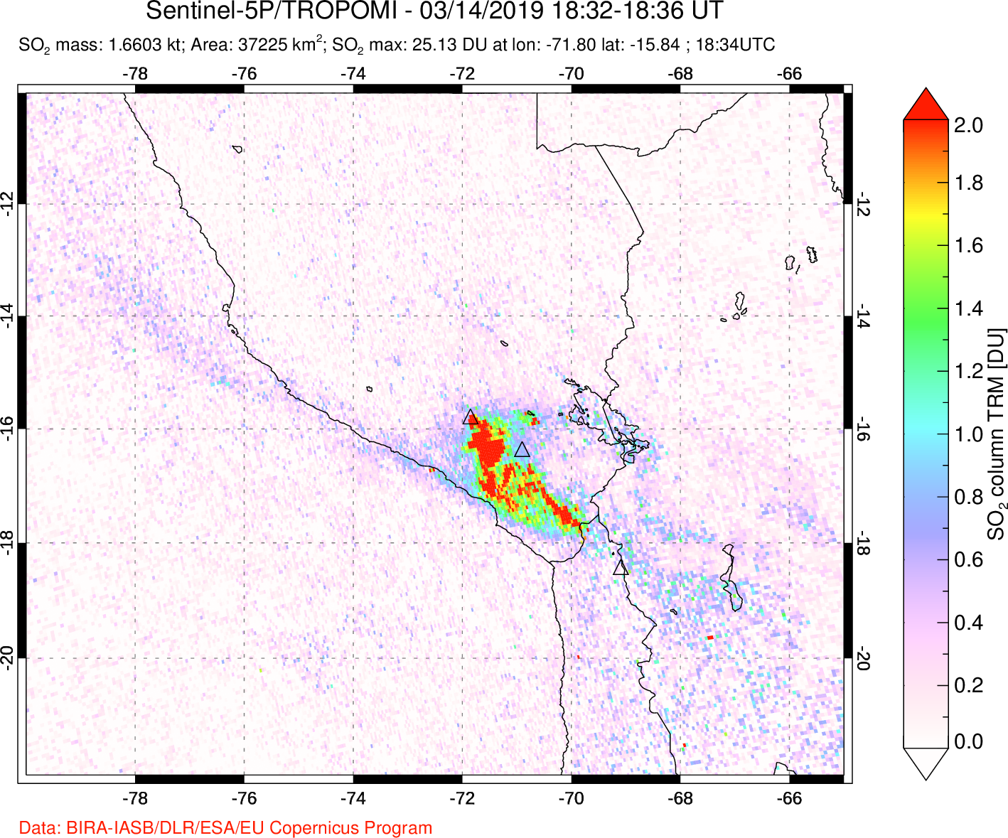 A sulfur dioxide image over Peru on Mar 14, 2019.