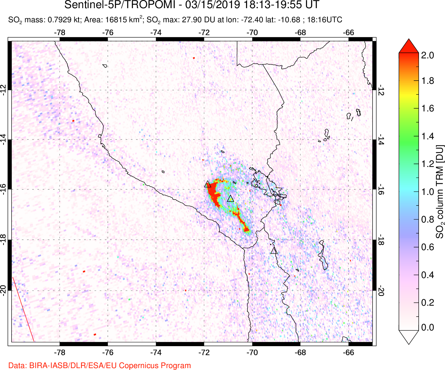 A sulfur dioxide image over Peru on Mar 15, 2019.