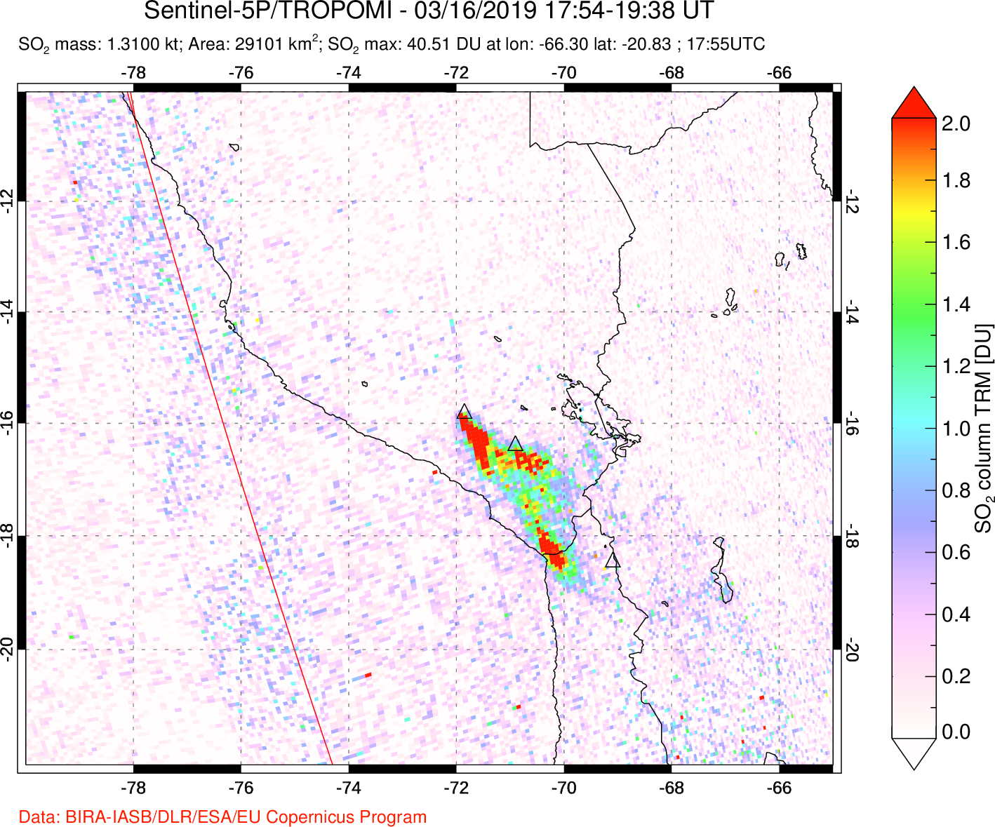 A sulfur dioxide image over Peru on Mar 16, 2019.