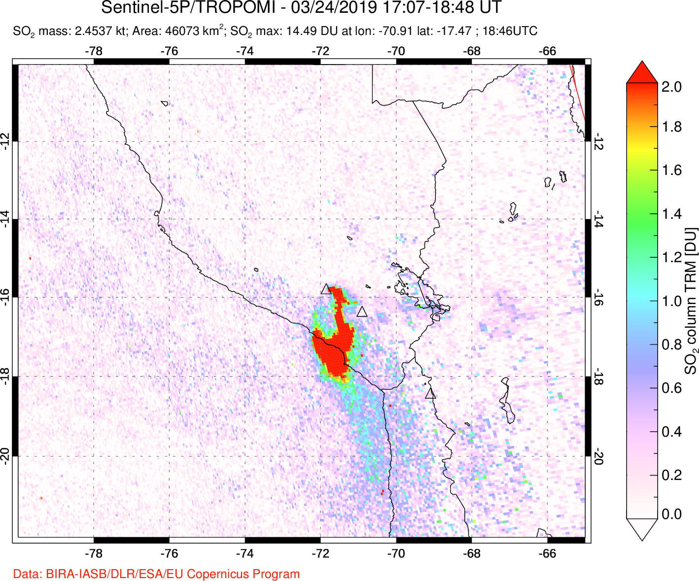 A sulfur dioxide image over Peru on Mar 24, 2019.