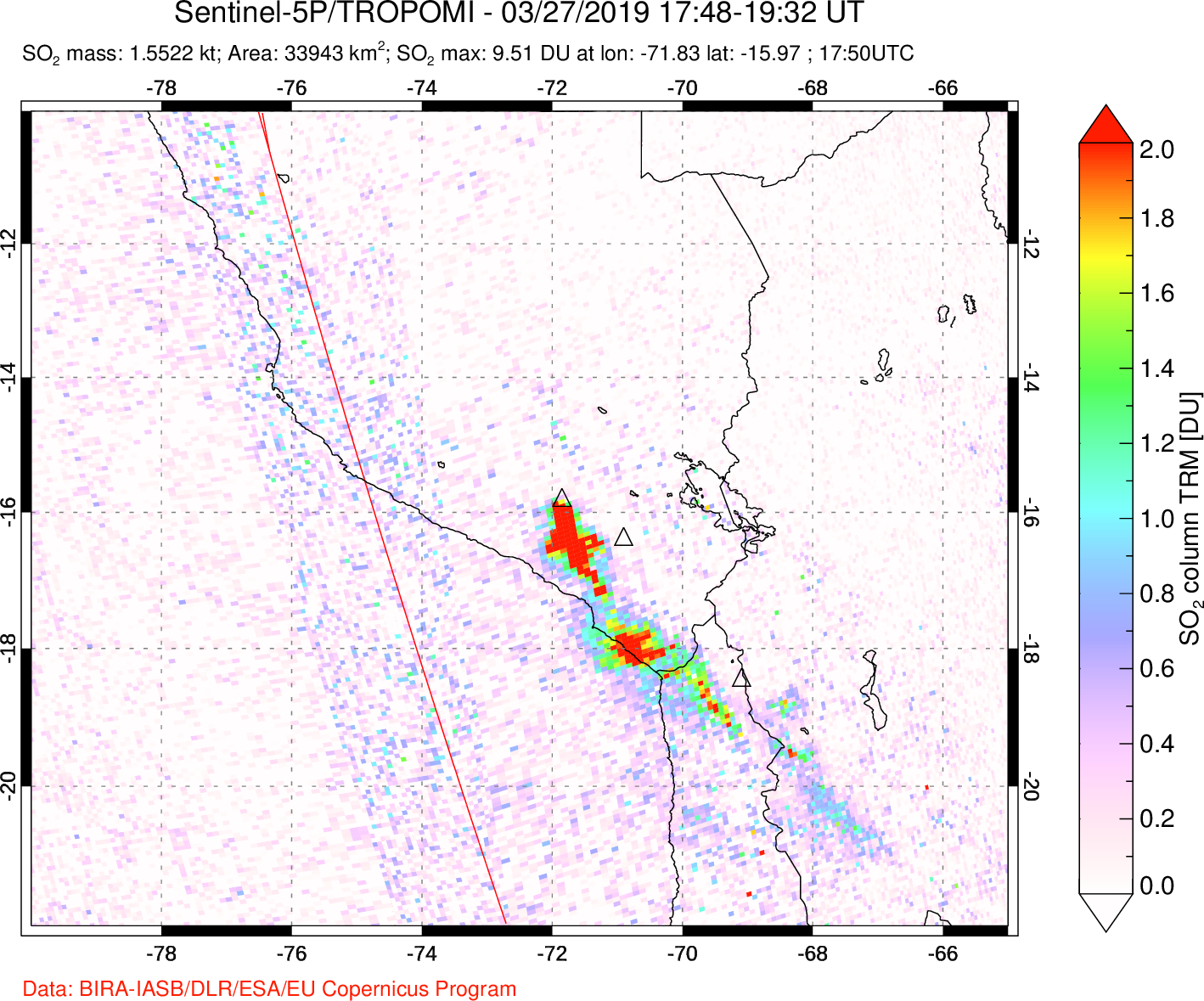 A sulfur dioxide image over Peru on Mar 27, 2019.