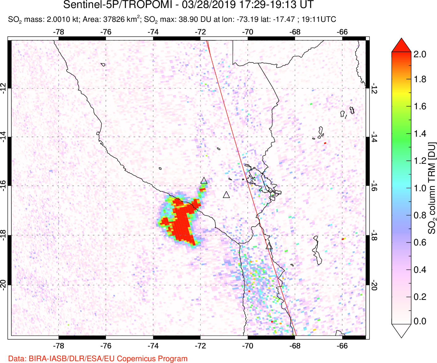 A sulfur dioxide image over Peru on Mar 28, 2019.