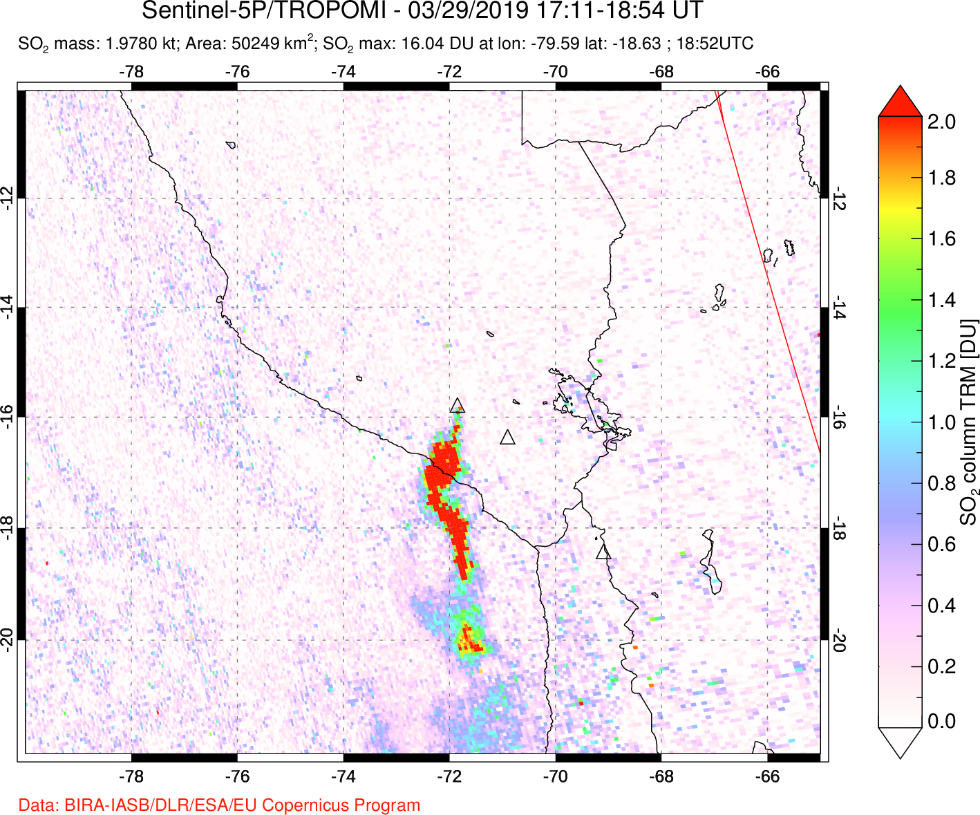 A sulfur dioxide image over Peru on Mar 29, 2019.