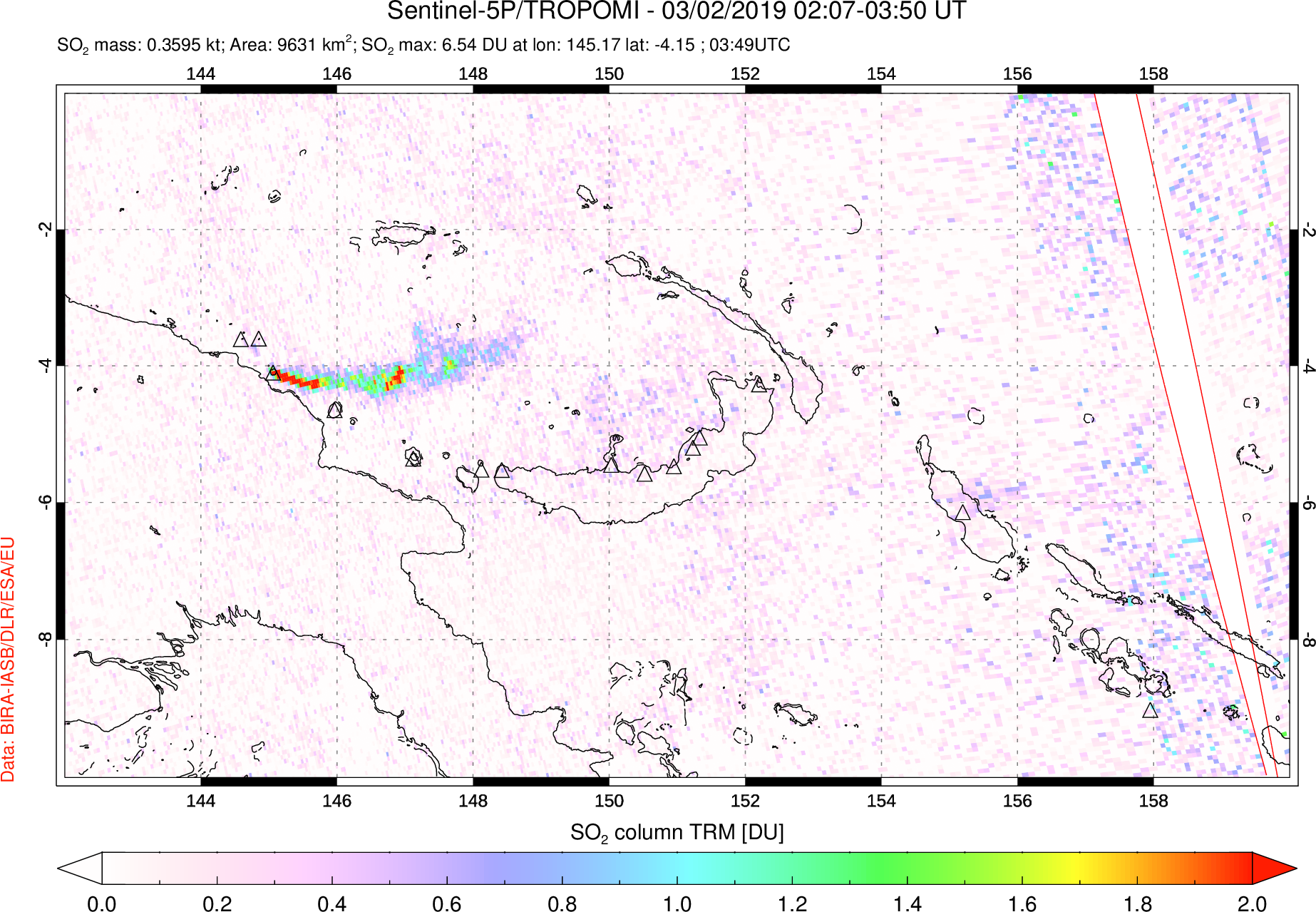 A sulfur dioxide image over Papua, New Guinea on Mar 02, 2019.