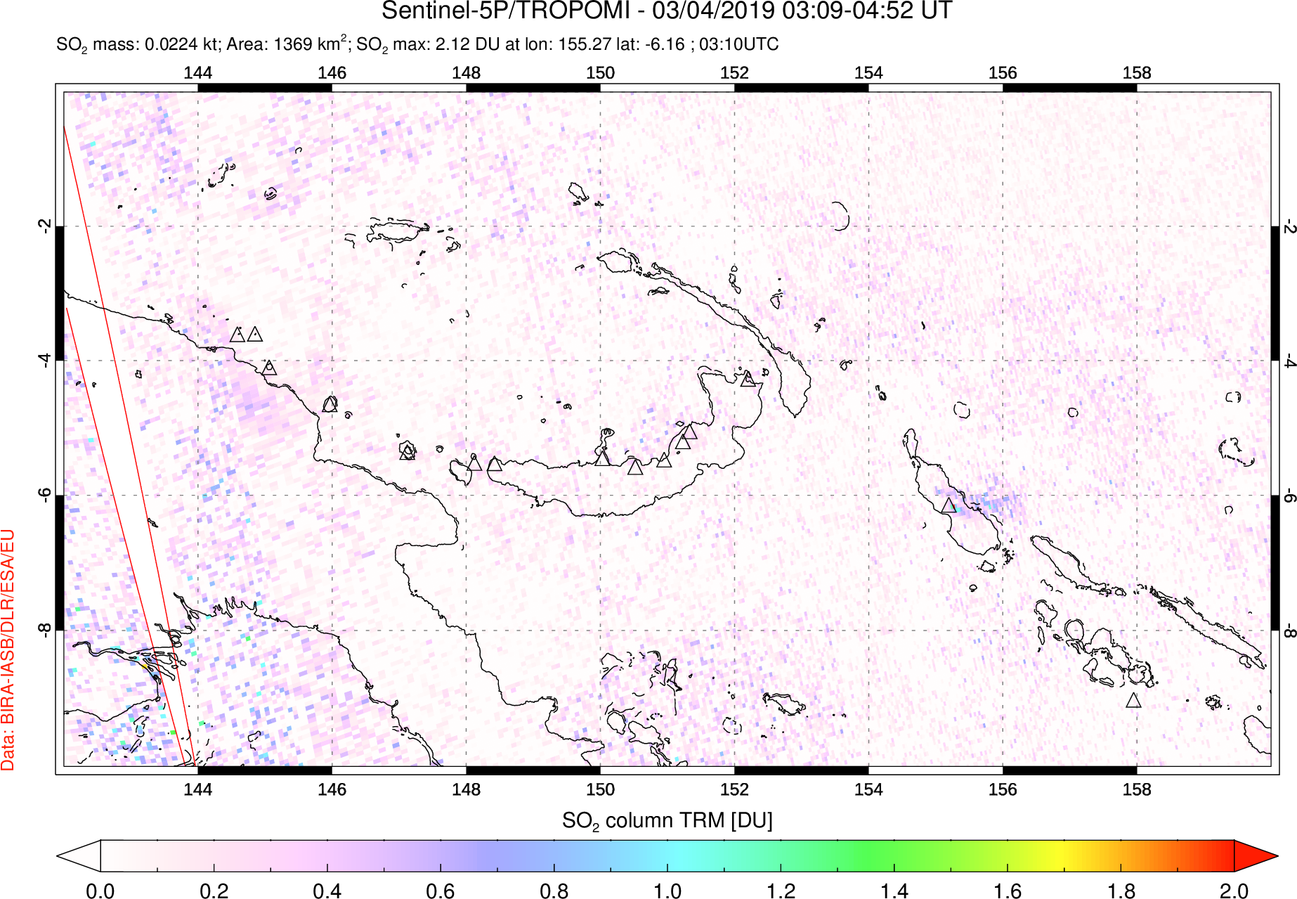 A sulfur dioxide image over Papua, New Guinea on Mar 04, 2019.