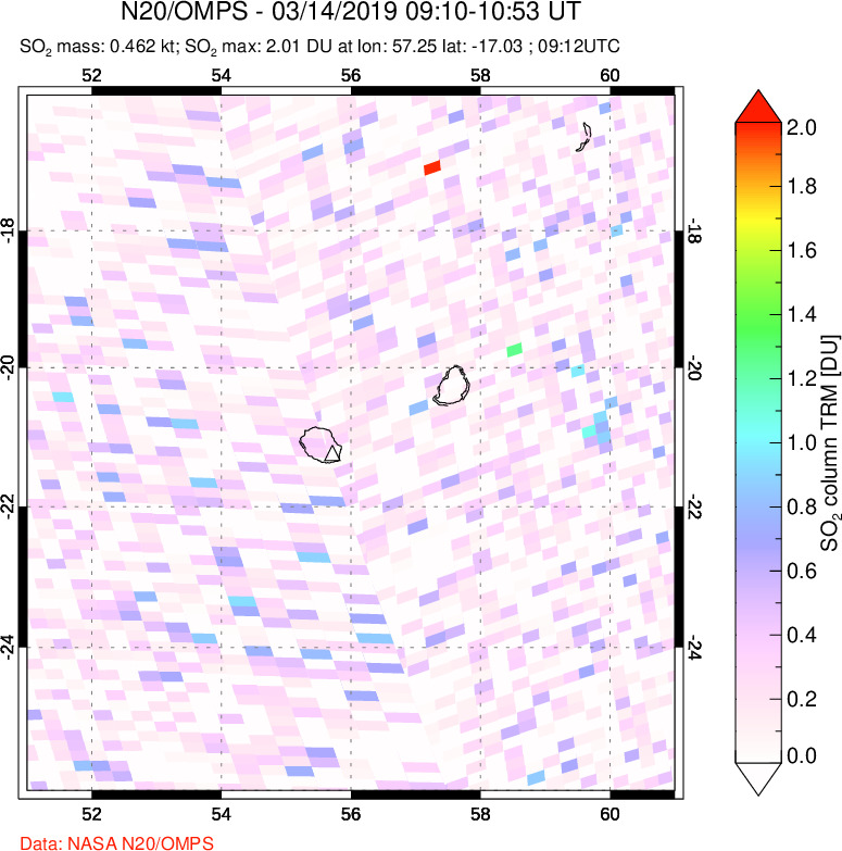 A sulfur dioxide image over Reunion Island, Indian Ocean on Mar 14, 2019.