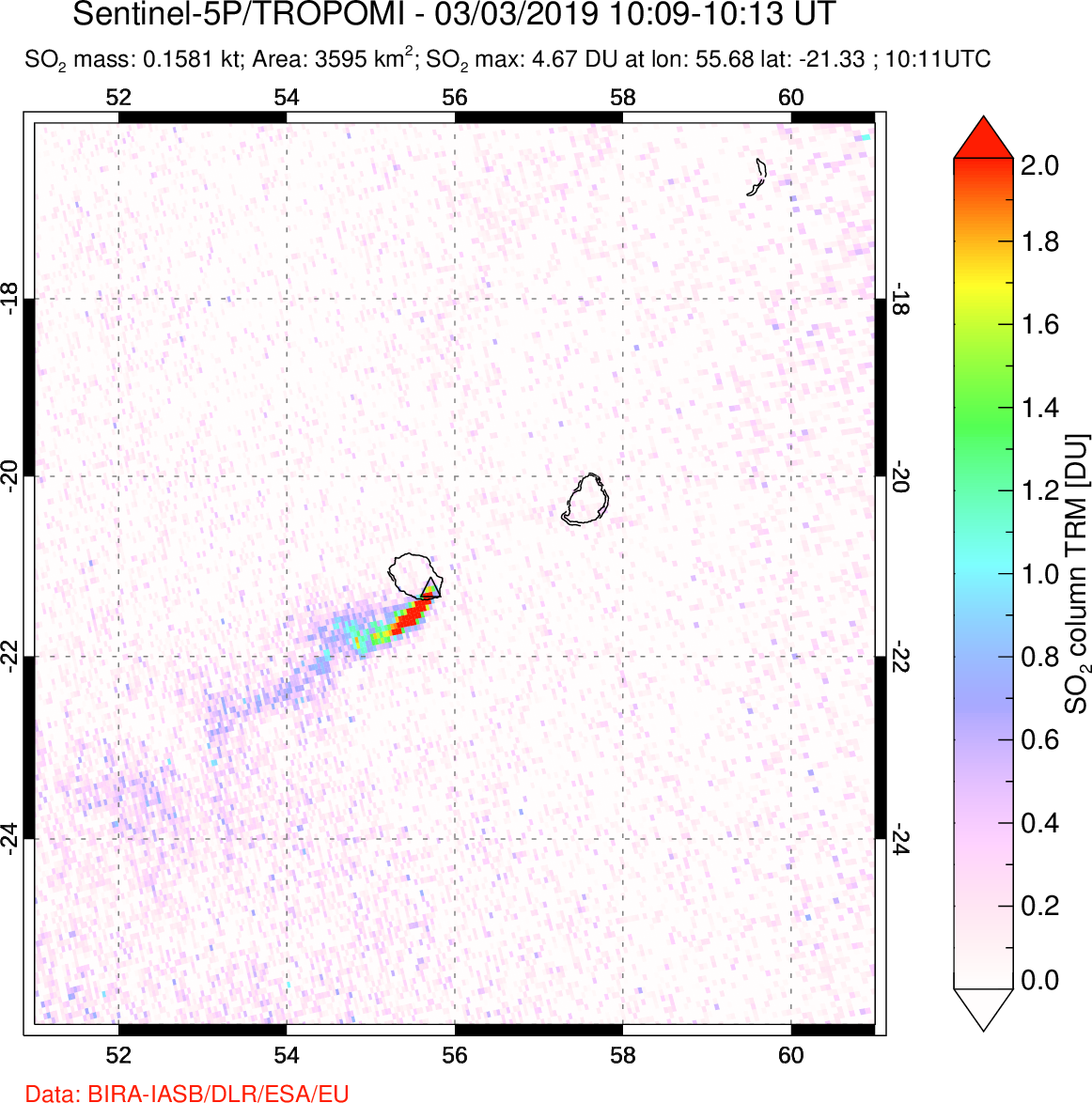 A sulfur dioxide image over Reunion Island, Indian Ocean on Mar 03, 2019.
